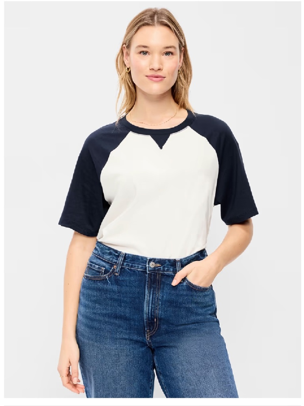 New! Old Navy White & Navy Crew Neck Raglan T-Shirt - Medium